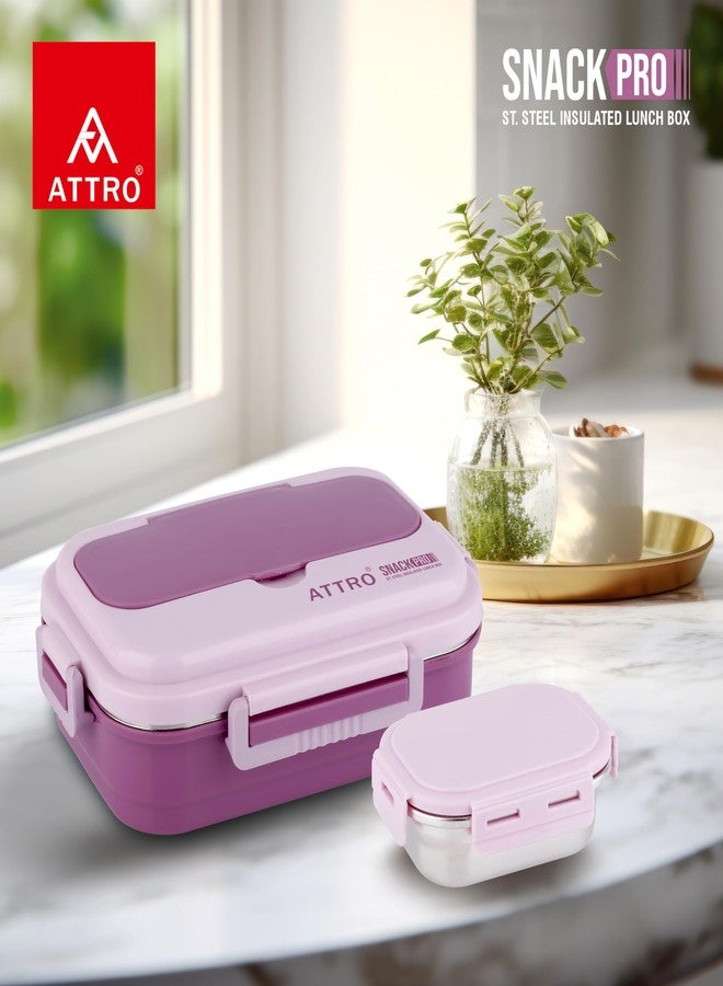 ATTRO علبة غداء معزولة من ATTRO SnackPro مع حاوية صغيرة وشوكة وملعقة | داخلية من الفولاذ المقاوم للصدأ | مصنوعة من مواد آمنة غذائيًا وخالية من مادة BPA | مثالية للمدرسة والمكتب والأنشطة الخارجية | 800 مل + 250 مل | وردي بنفسجي - Image 5